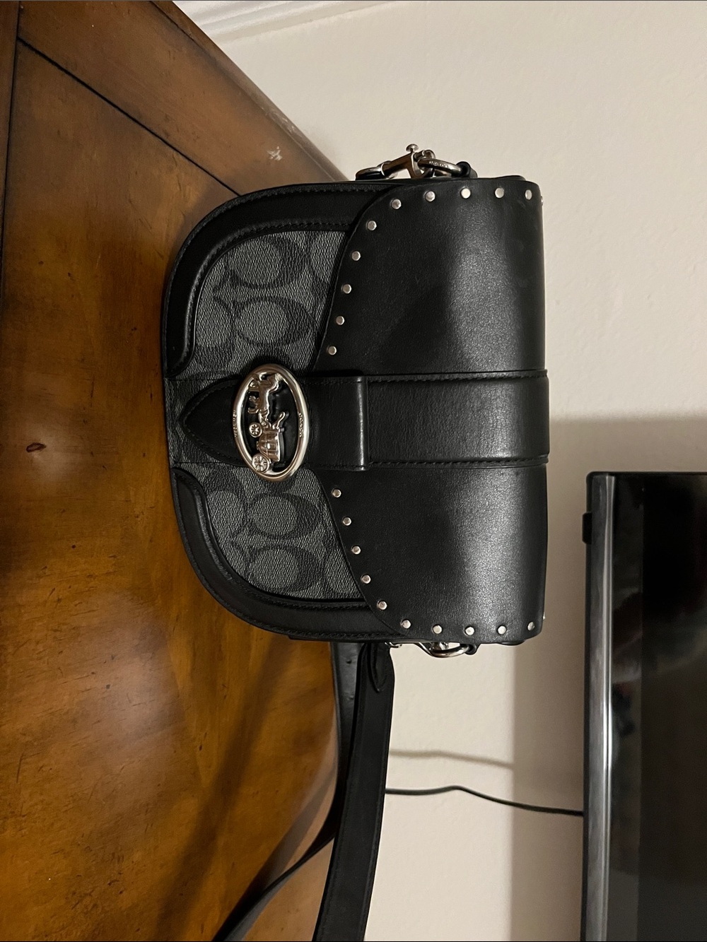 Coach Black and Gray Signature Canvas Crossbody with Stud Accents